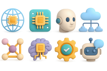 Colorful 3d technology icons featuring ai, network, and cloud designs