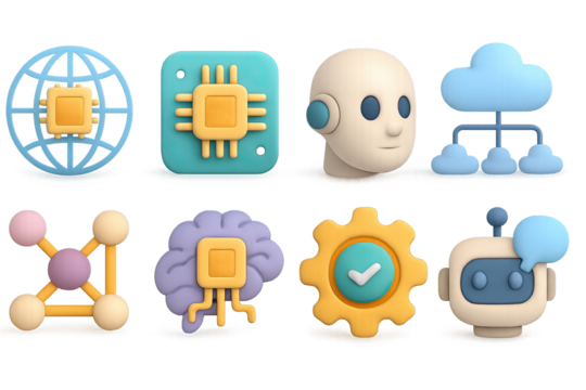 Colorful 3d technology icons featuring ai, network, and cloud designs