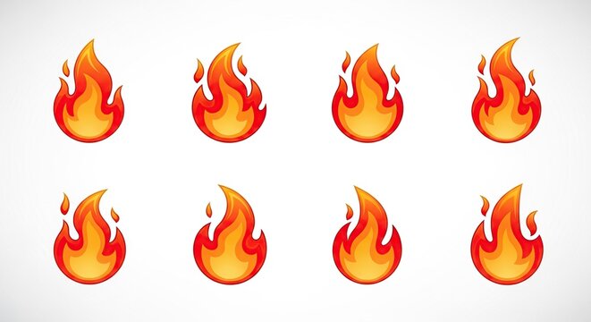 Nine pixelated fire icons isolated on white background