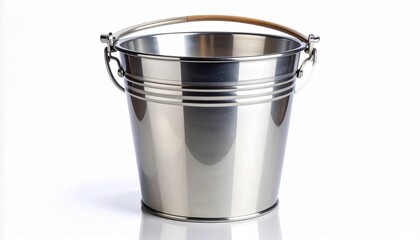 Shiny metal bucket with wooden handle on white surface&mdash;reflective steel and clean setup evoke utility, containment, and symbolic simplicity in minimalist domestic composition.