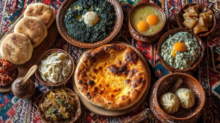 Vibrant Georgian Cuisine: A Colorful Breakfast Spread Featuring Khachapuri, Khinkali, Pkhali, Dolma, and Satsivi