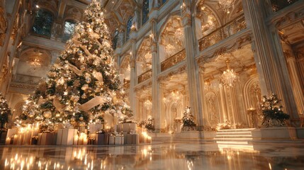 Fototapeta premium Elegant christmas celebration in opulent palace with grand tree and luxurious decor