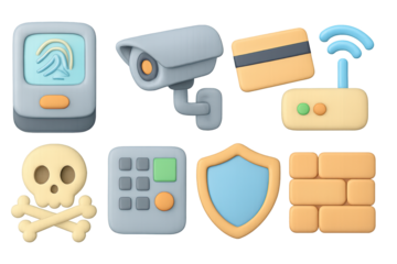 Security and technology 3d icons: surveillance, network, and access control elements