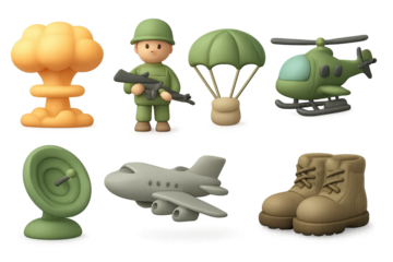 3d render of military toys: soldier, explosion, and vehicles in soft pastel c…