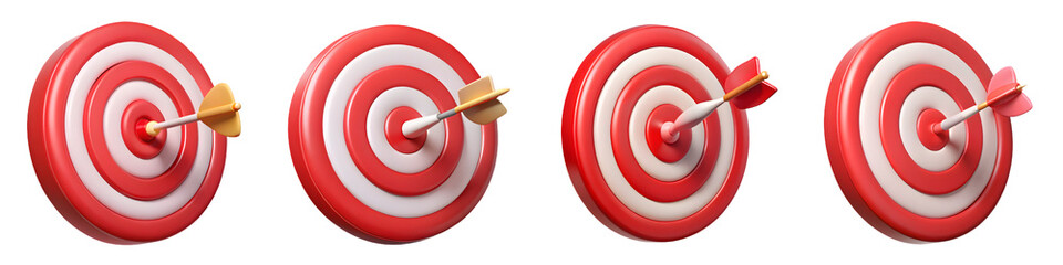 Four targets with arrows in the center isolated on transparent background