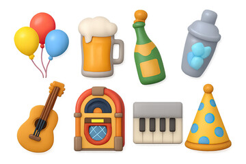 Colorful party icons: 3d retro celebration elements in soft glow style