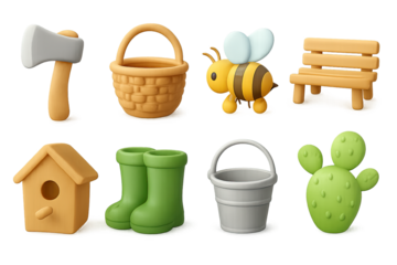 Colorful 3d clay garden icons: tools, bees, boots, and more