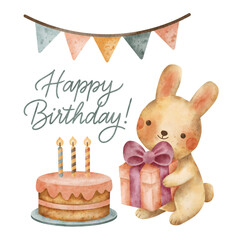 Watercolor illustration of a cute bunny with a gift box, birthday cake with candles and pennant banners. Perfect for greeting cards, posters, birthday party designs and kids decorations.