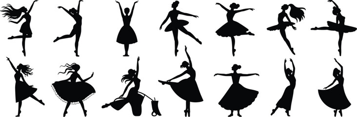 Ballet dancer silhouettes, ballerina poses, dance performance illustration, graceful motion vector, black outline art, cultural design, stage icons, choreography