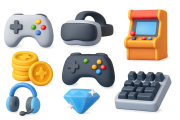 Retro gaming icons set featuring controllers, arcade machine, and virtual rea…