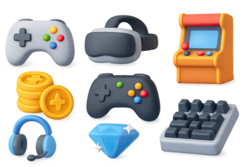 Retro gaming icons set featuring controllers, arcade machine, and virtual rea…