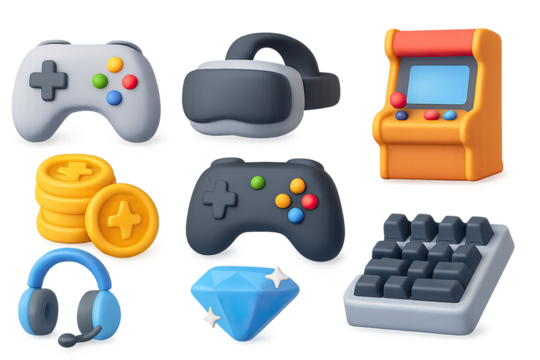 Retro gaming icons set featuring controllers, arcade machine, and virtual rea…