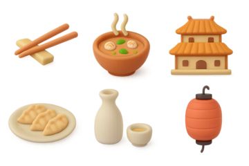 Playful 3d icons of asian cuisine and culture with soft glow effects