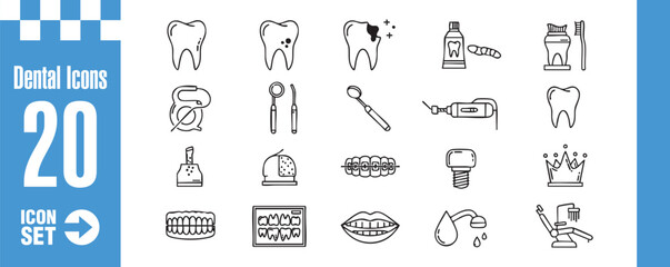 Dental icons set collection of 20 dental care and dentistry related line art icons perfect for dental clinics, dentists, and oral health promotions