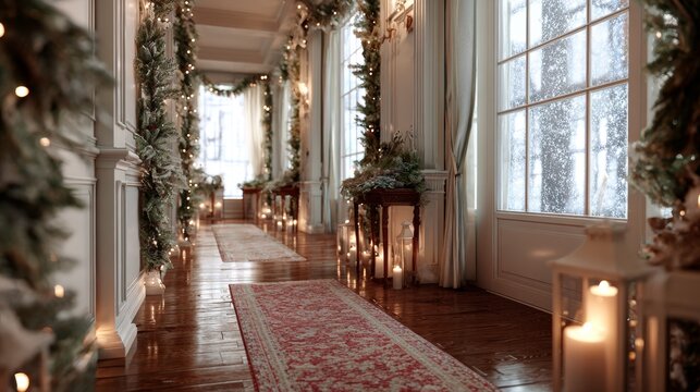 Elegant christmas hallway with garland and candlelight