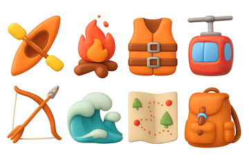 Fototapeta premium Outdoor adventure icons with kayak, campfire, and hiking elements in 3d style