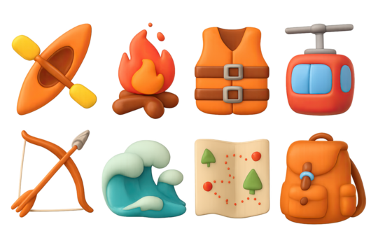 Outdoor adventure icons with kayak, campfire, and hiking elements in 3d style