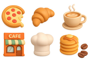 Charming 3d food icons: pizza, croissant, coffee, café, chef hat, pancakes