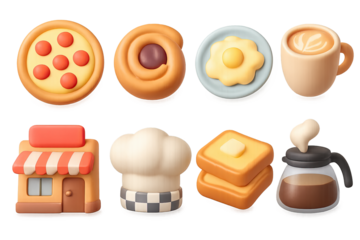 3d cartoon food icons: breakfast, snacks, drinks, and bakery