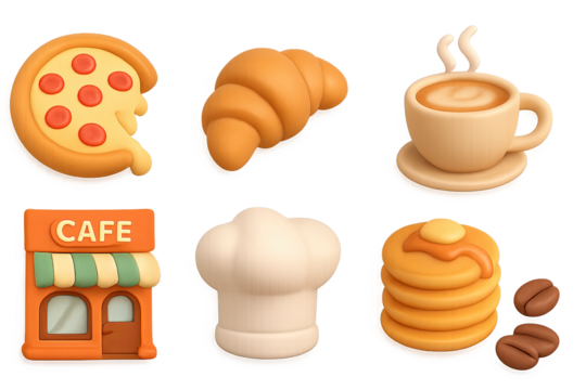 Charming 3d food icons: pizza, croissant, coffee, café, chef hat, pancakes
