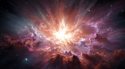 cosmic fantasy artwork of a supernova explosion, radiant light and energy waves spreading across colorful nebula, cinematic deep space