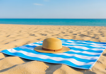 Obraz premium Blue And White Striped Beach Towel With Straw Sun Hat On Sandy Beach