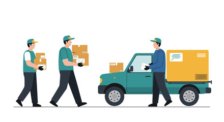 Delivery team unloading packages from truck in flat design style
