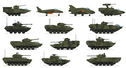 Modern military vehicles and aircraft side view collection in flat design