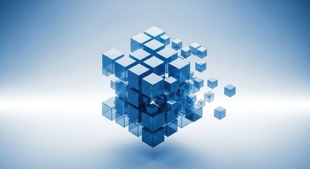 Interconnected blue cubes representing digital network isolated on white background