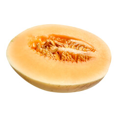 Ripe cantaloupe halves placed on a white background.