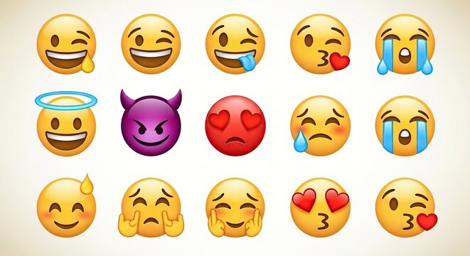 Colorful emoticon set with various facial expressions and symbols - Powered by Adobe