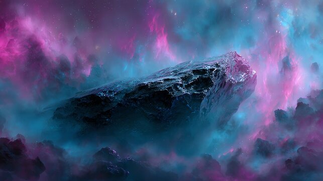 fantasy cosmic scene of a giant crystal asteroid floating in nebula, glowing facets reflecting pink and blue starlight, sci-fi digital art
