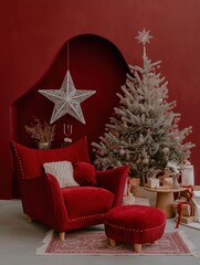 Living room decorated for christmas. the walls are painted in a deep red color and there is a large archway in the center of the room.