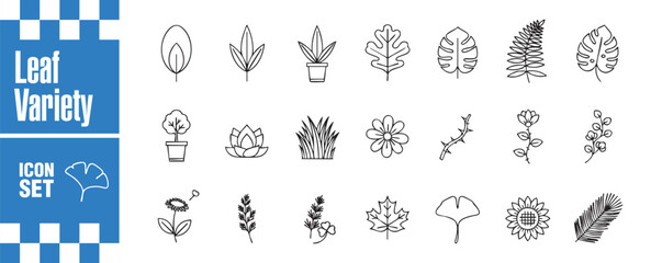 Leaf variety icon set collection of linear vector illustrations depicting diverse leaf shapes, plant types, and floral elements for botanical studies and naturethemed designs