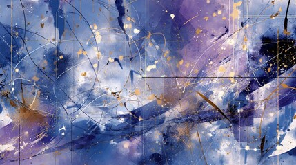 Japanese materials abstract watercolor painting with blue and gold accents for modern wall art decor