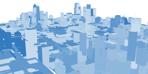 Fototapeta premium Animated blue and white cityscape silhouette with multiple buildings in motion against a clean white background.