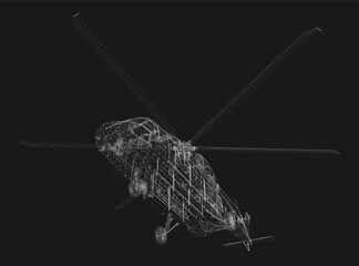 Military helicopter wireframe model on black background, showcasing detailed structural features and complex engineering design. © German Ovchinnikov