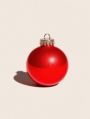Photograph of a red christmas bauble. the bauble is round and shiny, with a small silver ring on top. it is placed on a plain white background, casting a shadow on the surface.