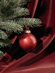 Close-up of a red christmas bauble hanging from a branch of a pine tree. the bauble is round and shiny, with a gold-colored ornament on top.