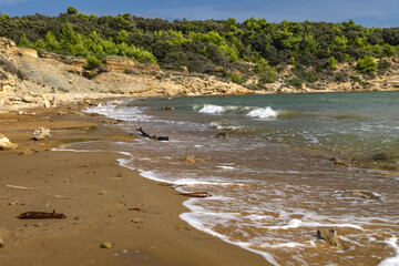 Wild sandy beach Podsilo on the island of Rab, empty beach without people, Rab, Croatia