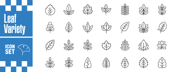 Diverse leaf variety icon set a comprehensive collection of leaf shapes and styles, ideal for botanical illustrations, naturethemed designs, and eco projects