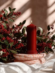 Close-up of a red candle on a white pedestal. the candle is in the center of the image and is lit, casting a warm glow on the surrounding greenery.