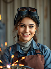 Portrait of a beautiful female welder at work, smiling at camera.