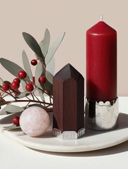 White plate with a red candle on the right side and a small wooden candle holder on the left side. the candle holder is made of metal and has a scalloped edge.