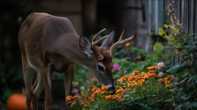 Male White-Tailed Buck Exploring Floral Garden in Suburban Backyard Wildlife Scene