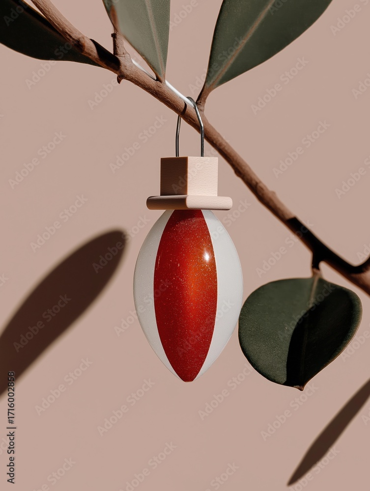 Poster close-up of a christmas ornament hanging from a branch of a tree. the ornament is round and has a re