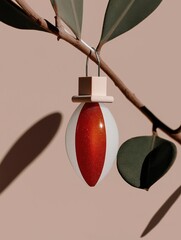 Close-up of a christmas ornament hanging from a branch of a tree. the ornament is round and has a red and white striped pattern on it. it is attached to the branch with a small wooden stopper.