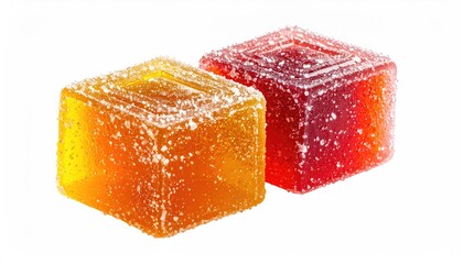 Two translucent, square jellies; one orange, one red;  showcasing a layered, swirled interior, coated in granulated sugar