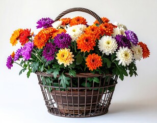 A rustic brown wicker basket overflows with vibrant orange, purple, and white chrysanthemum blooms, nestled in a terracotta pot