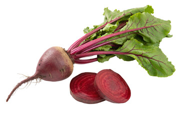 Fresh beetroot with leafy greens and sliced pieces showcasing vibrant red color and healthy nutrition